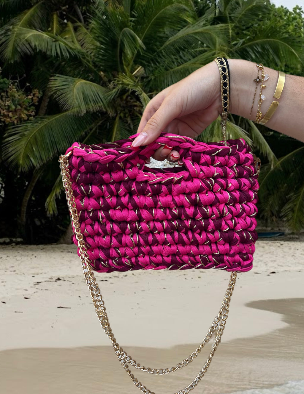 Sac capri rose, bordeaux et doré