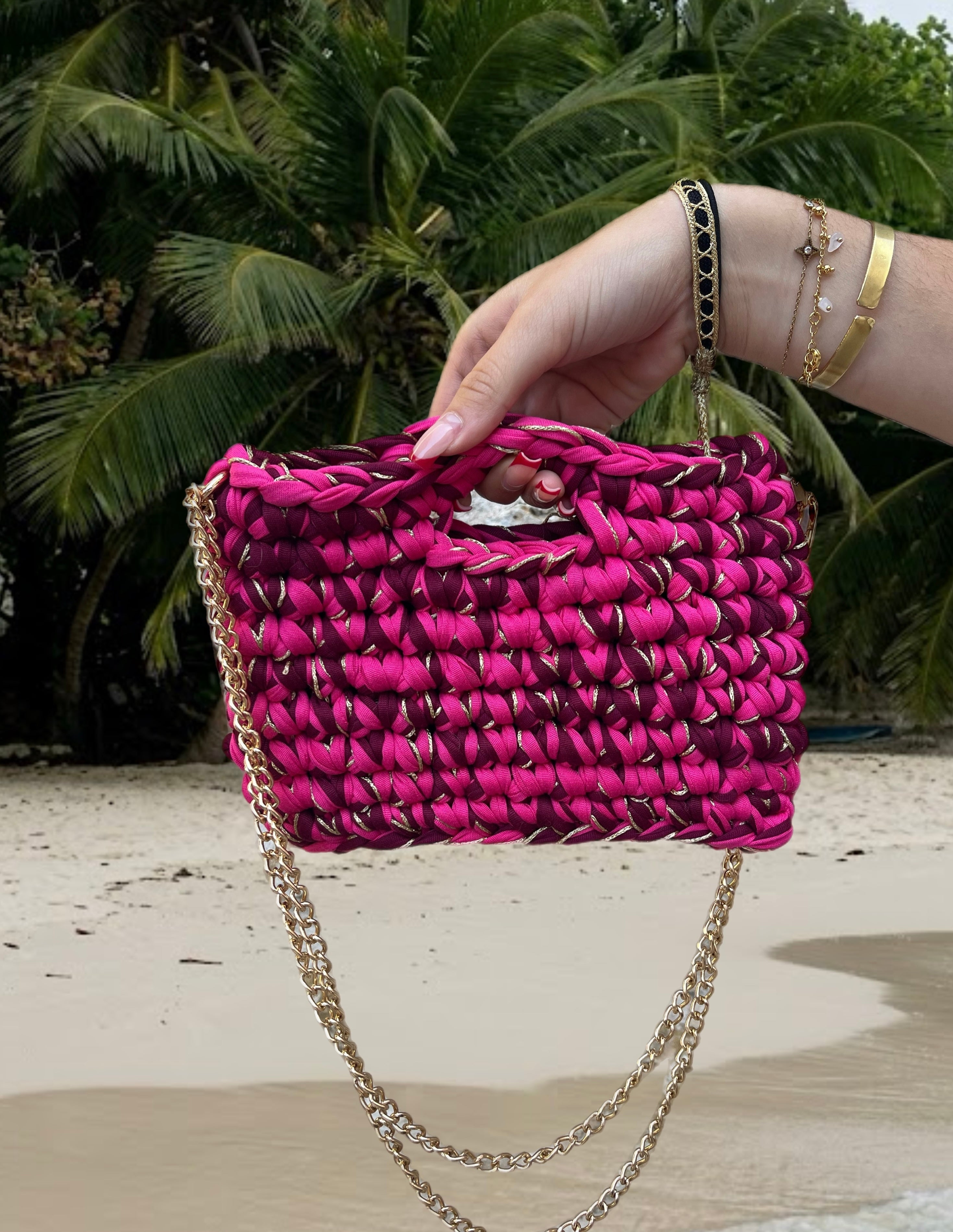 Sac capri rose, bordeaux et doré